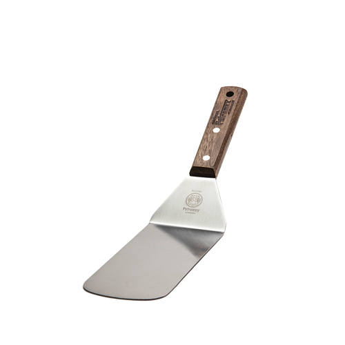 Flexible stainless steel spatula with a wide, angled blade and a smooth walnut handle featuring subtle engraving, ideal for grilling and kitchen gadgets in Kitchen & Food collections.