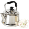 Polished stainless steel kettle with a large spout and black handle, paired with two floral porcelain teacups, ideal for Kitchen & Food and Brewing Coffee and Tea collections.