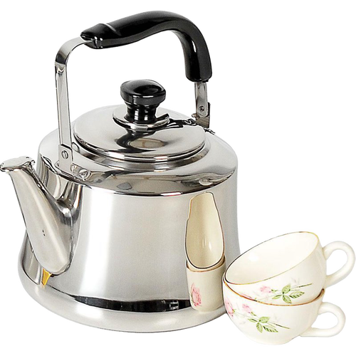 Polished stainless steel kettle with a large spout and black handle, paired with two floral porcelain teacups, ideal for Kitchen & Food and Brewing Coffee and Tea collections.