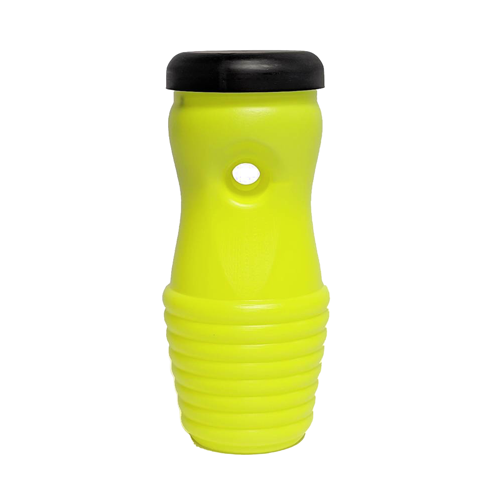 Bright yellow durable plastic trap for capturing yellow jackets and wasps, featuring a black cap and single entry hole, part of USA Made pest control and garden accessories.