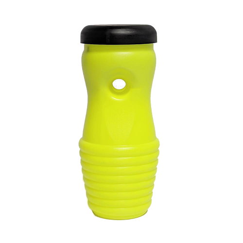 Bright yellow durable plastic trap for capturing yellow jackets and wasps, featuring a black cap and single entry hole, part of USA Made pest control and garden accessories.