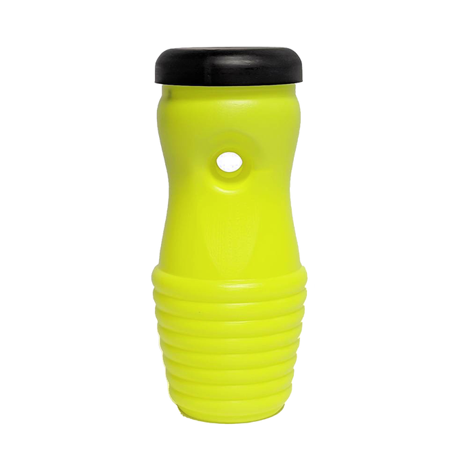 Bright yellow durable plastic trap for capturing yellow jackets and wasps, featuring a black cap and single entry hole, part of USA Made pest control and garden accessories.