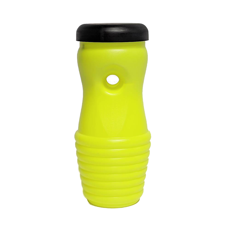 Bright yellow durable plastic trap for capturing yellow jackets and wasps, featuring a black cap and single entry hole, part of USA Made pest control and garden accessories.