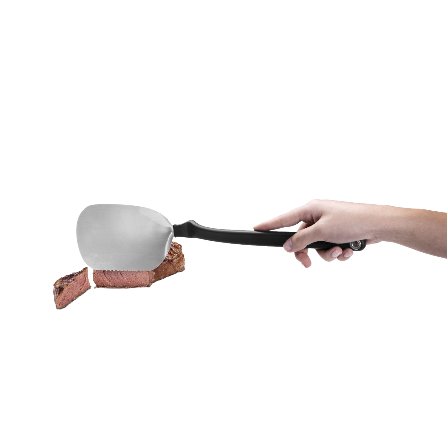 BBQ Chopula stainless steel grill spatula with a black ergonomic handle lifting a sliced piece of steak, suitable for Kitchen & Food, Grilling, and Best Sellers collections.