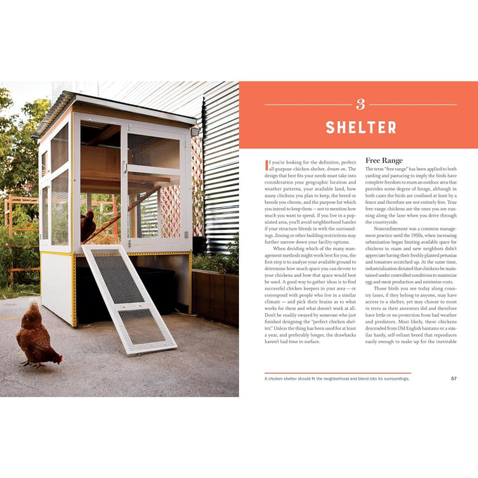Open book spread showing a chapter on shelter with text and photos of an outdoor chicken coop featuring a secure enclosure and a red chicken nearby, part of Farm, Garden & Tool and Farm and Livestock Books collections.