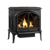 Black cast iron gas heat stove with arched glass doors showcasing bright flames inside, designed for efficient whole house heating, featured in Stoves and Heatstoves collections.