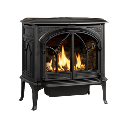 Black cast iron gas heat stove with arched glass doors showcasing bright flames inside, designed for efficient whole house heating, featured in Stoves and Heatstoves collections.
