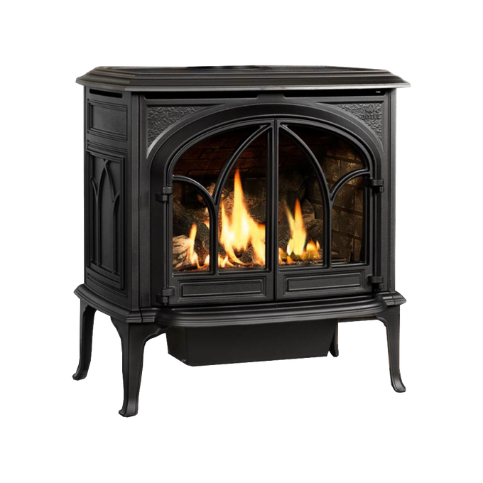 Black cast iron gas heat stove with arched glass doors showcasing bright flames inside, designed for efficient whole house heating, featured in Stoves and Heatstoves collections.