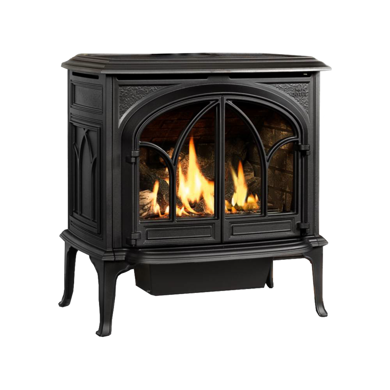 Black cast iron gas heat stove with arched glass doors showcasing bright flames inside, designed for efficient whole house heating, featured in Stoves and Heatstoves collections.