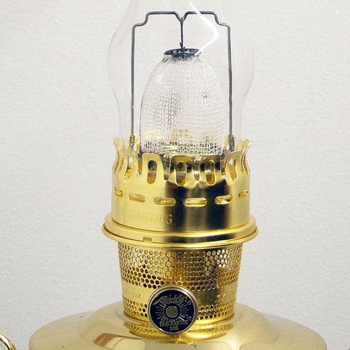 Close-up of gleaming solid brass burner and glass chimney on a handcrafted deluxe hanging oil lamp, featured in Farm, Garden & Tool, Lamps & Lighting, Emergency Supplies, and Hanging Lamps collections.
