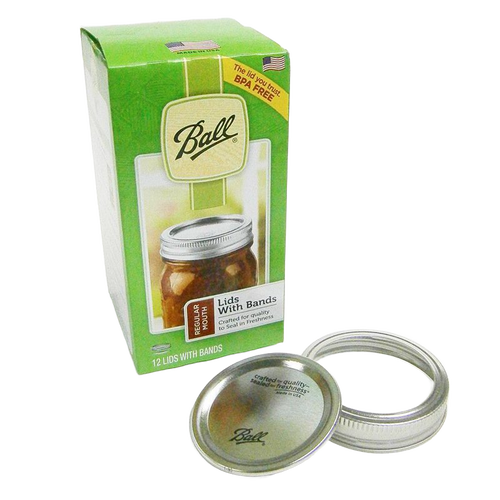 Green package of Ball canning lids and bands with 12 silver BPA-free regular mouth lids and bands, designed for Food Preservation, Canning, Kitchen & Food, and USA Made collections.