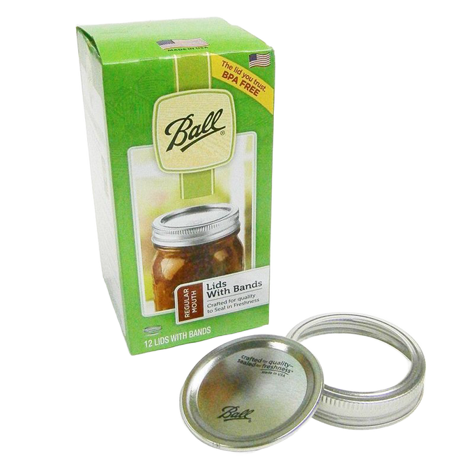 Green package of Ball canning lids and bands with 12 silver BPA-free regular mouth lids and bands, designed for Food Preservation, Canning, Kitchen & Food, and USA Made collections.