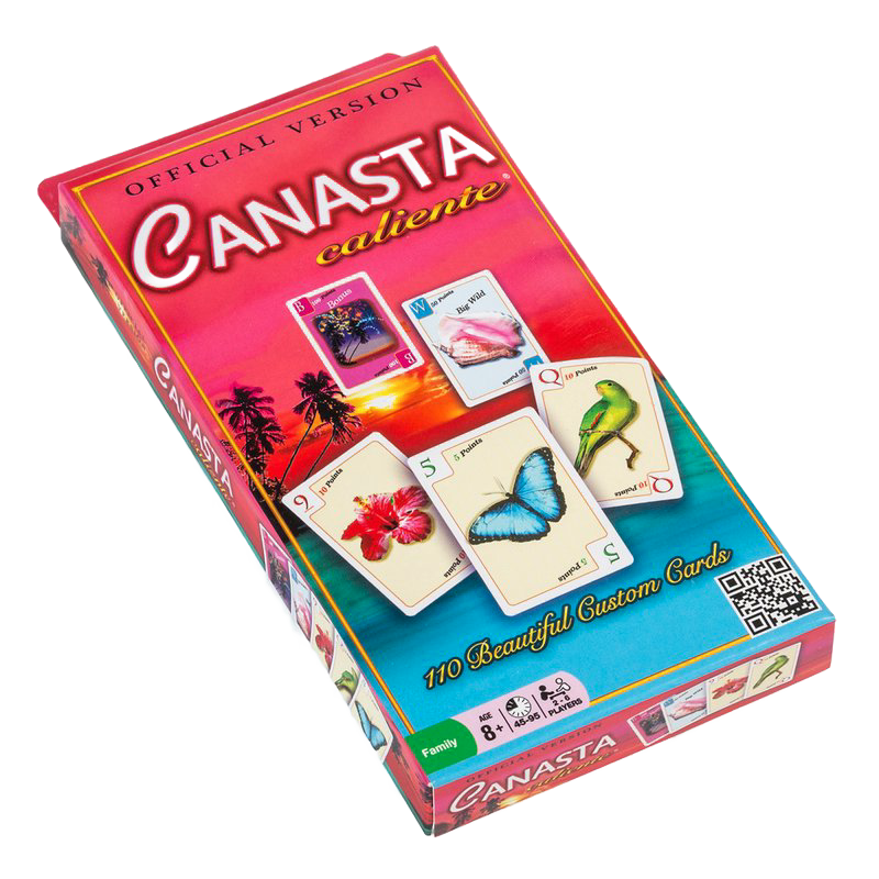 Colorful box of Canasta card game featuring vibrant custom cards with images of animals and flowers, part of toys, games, and children's collections for family fun and strategy play.