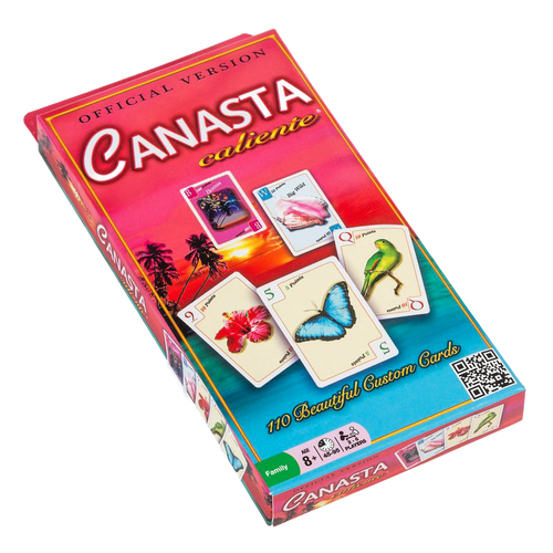 Colorful box of Canasta card game featuring vibrant custom cards with images of animals and flowers, part of toys, games, and children's collections for family fun and strategy play.