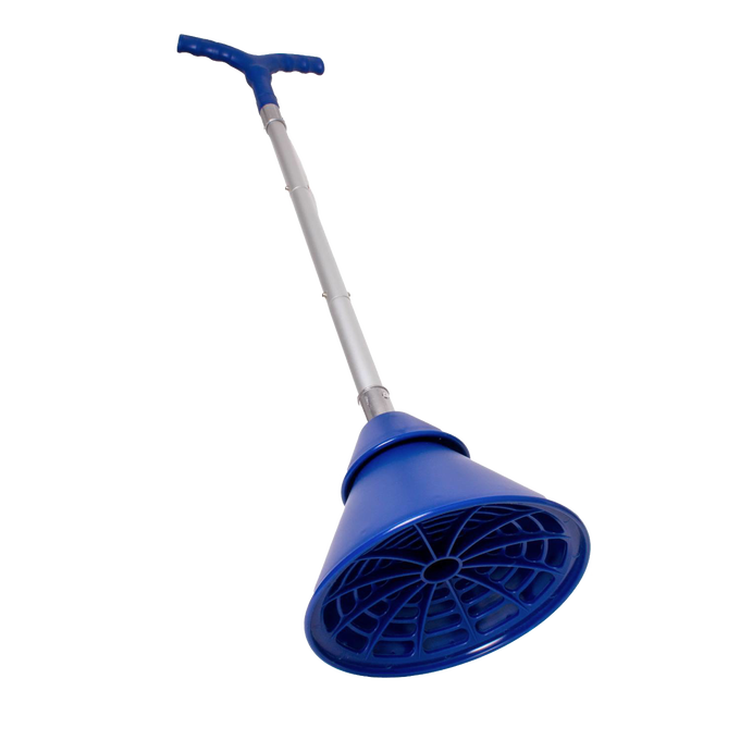 Blue collapsible hand-operated laundry washer plunger with ergonomic handle, designed for portable clothes washing, featured in Home & Decor and Laundry Supplies collections.