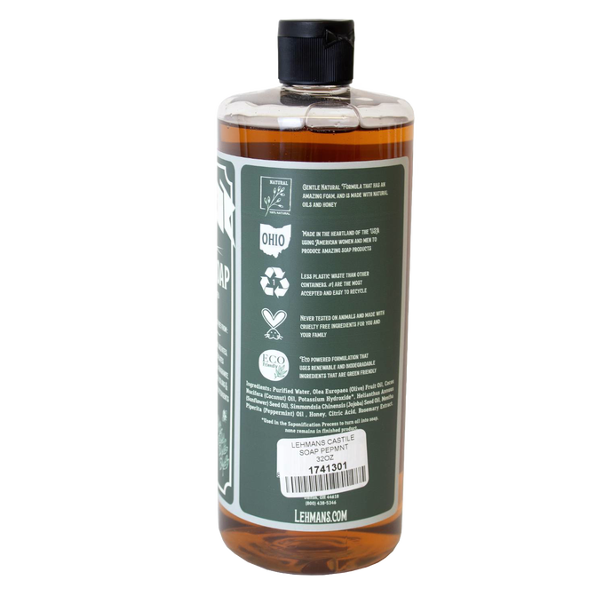 Amber plastic bottle of Lehman's handcrafted castile soap in peppermint scent with eco-friendly and cruelty-free icons, highlighting USA made natural soap for Health & Wellness and Grooming collections.