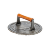 Heavy-duty cast iron bacon press with smooth hardwood handle, designed to keep bacon flat for even cooking, perfect for stovetop and outdoor grilling in kitchen and cookware collections.