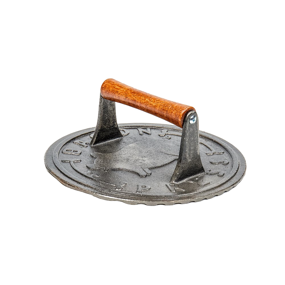Heavy-duty cast iron bacon press with smooth hardwood handle, designed to keep bacon flat for even cooking, perfect for stovetop and outdoor grilling in kitchen and cookware collections.