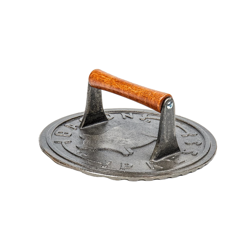 Heavy-duty cast iron bacon press with smooth hardwood handle, designed to keep bacon flat for even cooking, perfect for stovetop and outdoor grilling in kitchen and cookware collections.