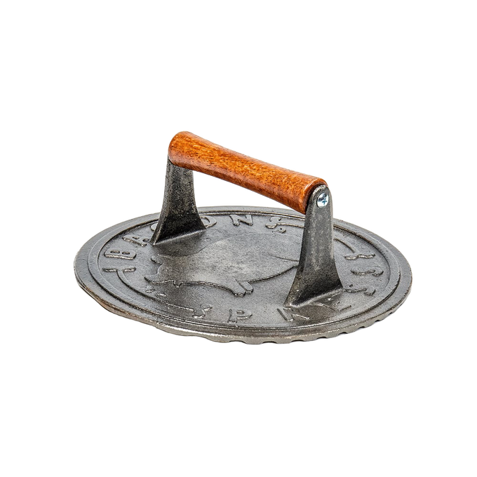 Heavy-duty cast iron bacon press with smooth hardwood handle, designed to keep bacon flat for even cooking, perfect for stovetop and outdoor grilling in kitchen and cookware collections.
