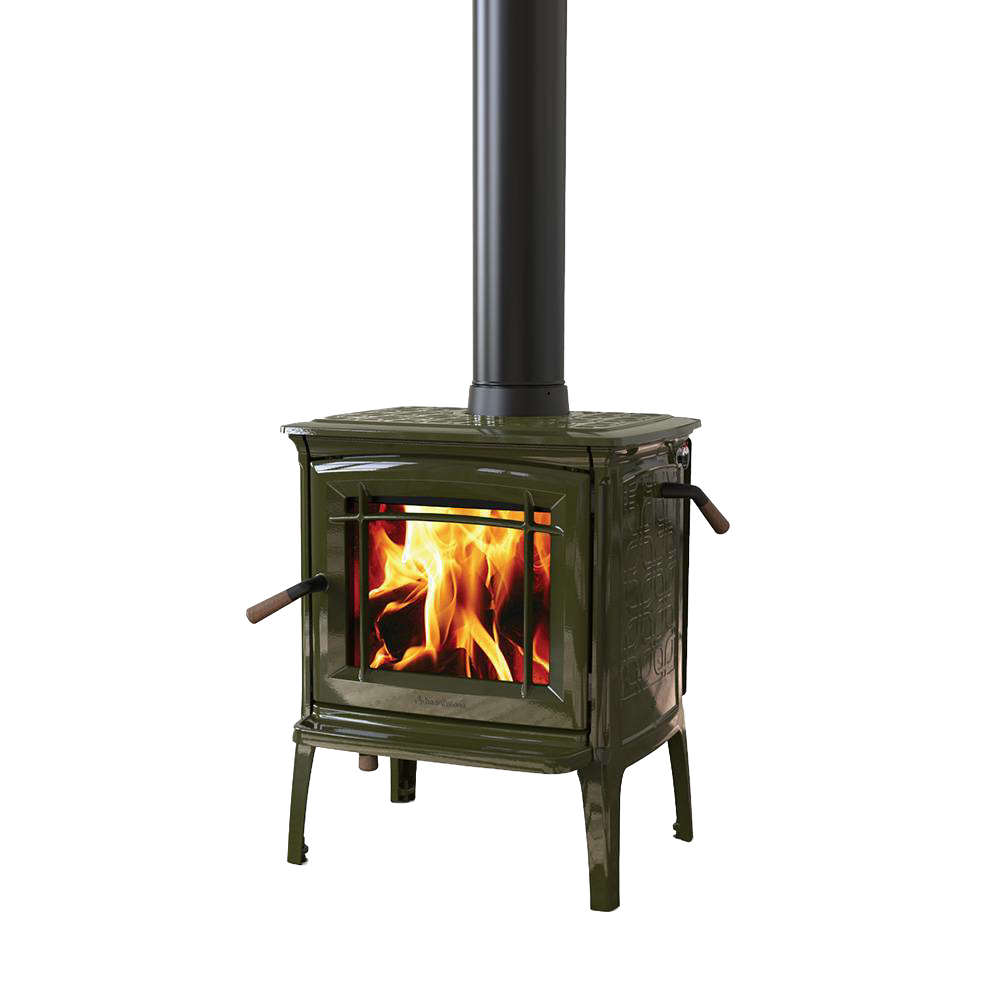 Compact green cast iron wood heat stove with TruHybrid combustion system, handcrafted design featuring visible flames through front glass, part of best-selling Hearthstone heatstoves collection.