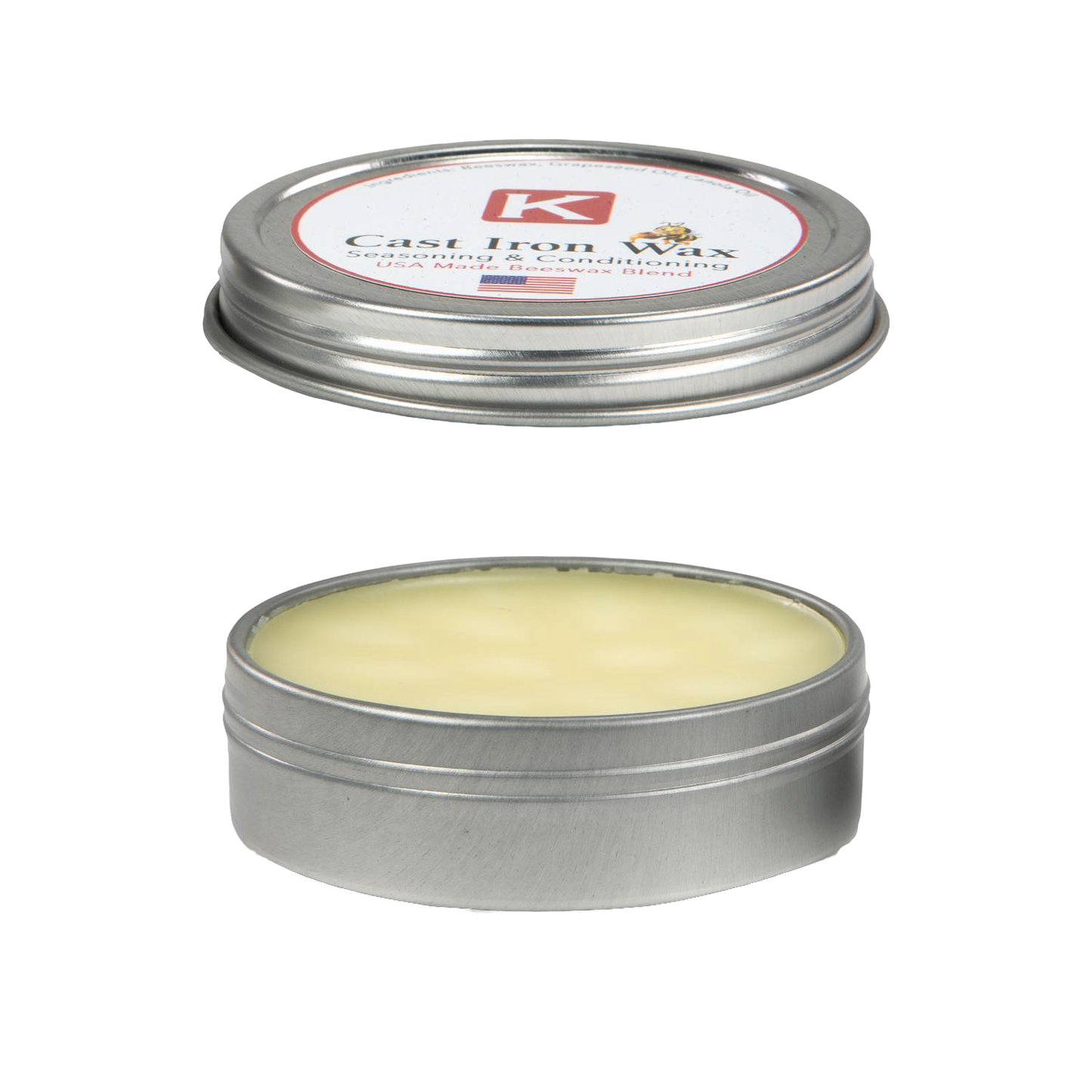Open round metal tin containing natural beeswax blend for seasoning and conditioning cast iron and kitchen cookware, made in USA, ideal for Kitchen & Food and Cookware collections.