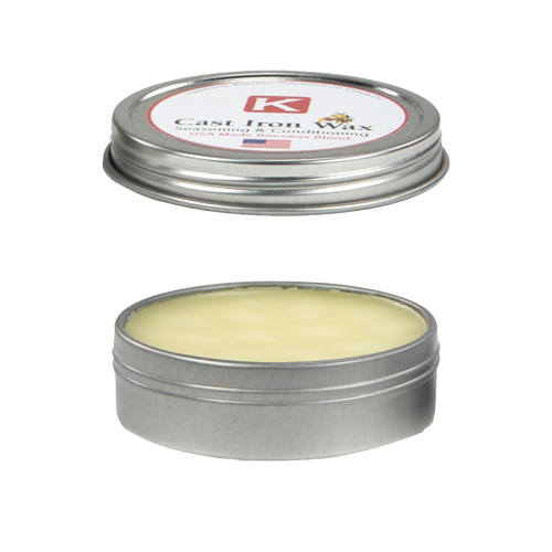 Open round metal tin containing natural beeswax blend for seasoning and conditioning cast iron and kitchen cookware, made in USA, ideal for Kitchen & Food and Cookware collections.