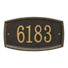 Elegant custom address wall plaque in black with raised gold numbers and decorative border, handcrafted in the USA, ideal for adding curb appeal and stylish home decor.