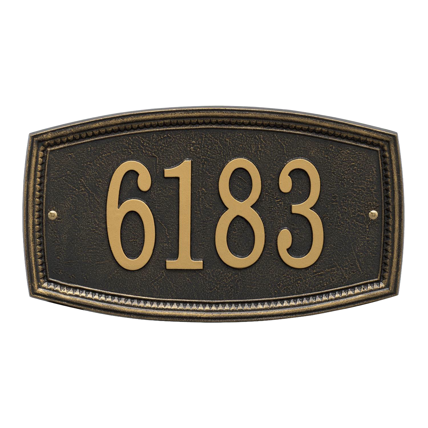 Elegant custom address wall plaque in black with raised gold numbers and decorative border, handcrafted in the USA, ideal for adding curb appeal and stylish home decor.