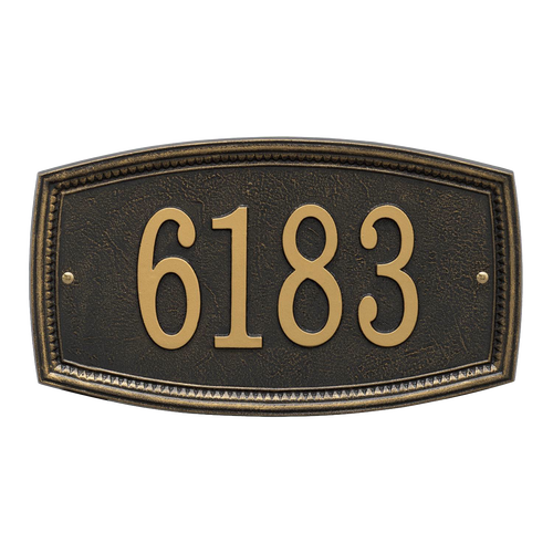 Elegant custom address wall plaque in black with raised gold numbers and decorative border, handcrafted in the USA, ideal for adding curb appeal and stylish home decor.