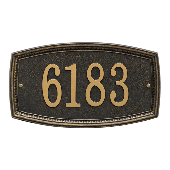 Elegant custom address wall plaque in black with raised gold numbers and decorative border, handcrafted in the USA, ideal for adding curb appeal and stylish home decor.