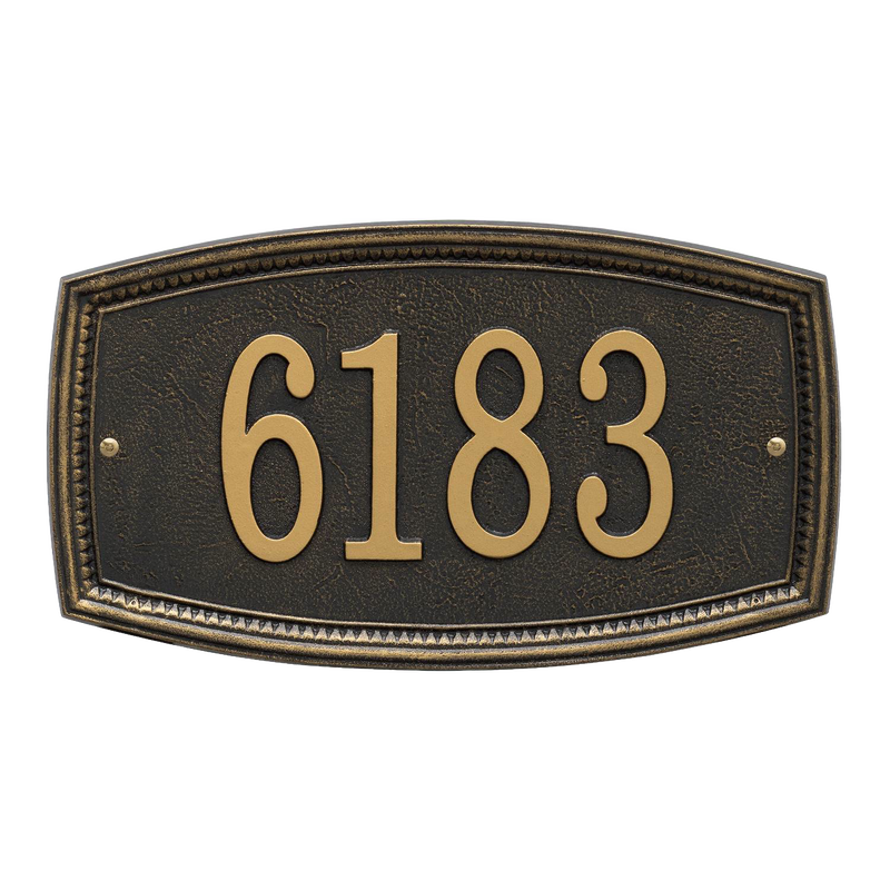 Elegant custom address wall plaque in black with raised gold numbers and decorative border, handcrafted in the USA, ideal for adding curb appeal and stylish home decor.