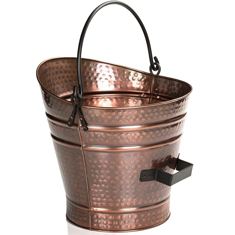 Copper coal hod with hammered antique copper finish, black bail handle, and side grip, designed for hearth use, featured in Stoves, Hearth Accessories, and Best Sellers collections.
