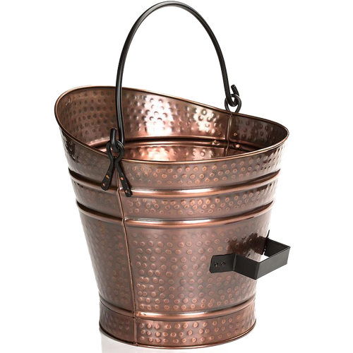 Copper coal hod with hammered antique copper finish, black bail handle, and side grip, designed for hearth use, featured in Stoves, Hearth Accessories, and Best Sellers collections.
