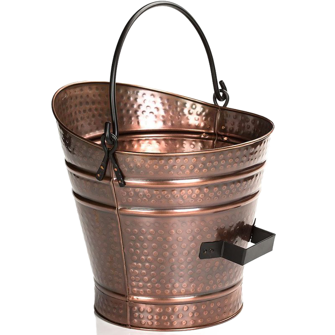 Copper coal hod with hammered antique copper finish, black bail handle, and side grip, designed for hearth use, featured in Stoves, Hearth Accessories, and Best Sellers collections.