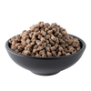 Black ceramic bowl filled with granular freeze-dried meat pieces, suitable for emergency supplies, farm and garden use, and USA made survival food collections.