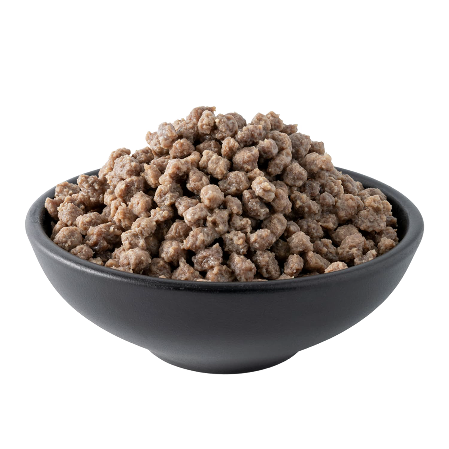 Black ceramic bowl filled with granular freeze-dried meat pieces, suitable for emergency supplies, farm and garden use, and USA made survival food collections.