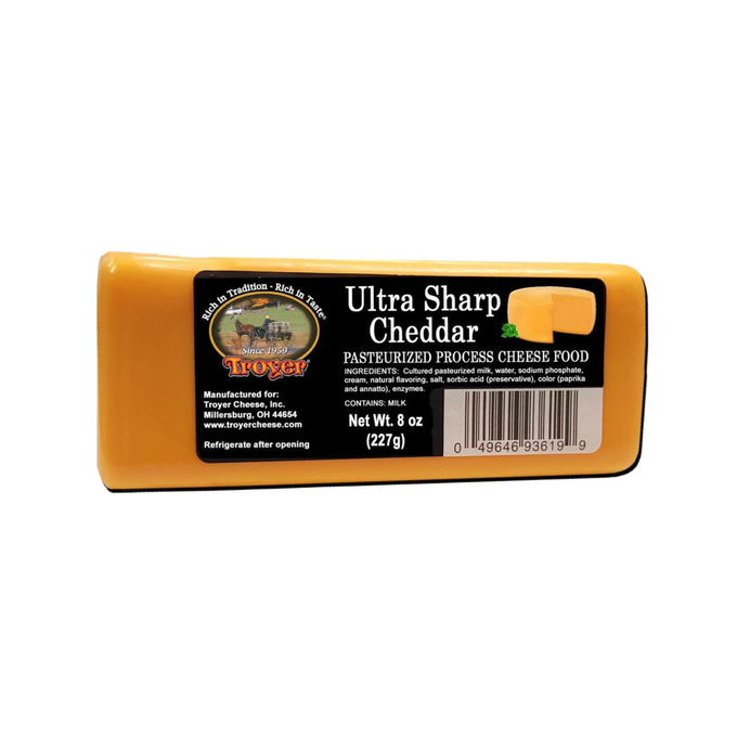 Handcrafted ultra sharp cheddar cheese food block in an 8-ounce pack, made in USA, ideal for Kitchen & Food, Snacks and Sweets, Pantry, USA Made, Best Sellers, and Promo Eligible collections.