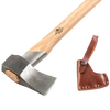 Hand-forged splitting axe with a smooth wooden handle and durable steel head, accompanied by a brown leather sheath, featured in Farm, Garden & Tool, Knives & Axes, Axes, Wood Cutting and Hauling, Best Sellers, and Promo Eligible collections.