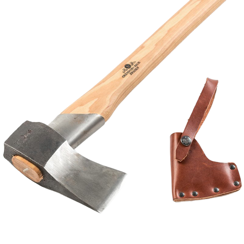Hand-forged splitting axe with a smooth wooden handle and durable steel head, accompanied by a brown leather sheath, featured in Farm, Garden & Tool, Knives & Axes, Axes, Wood Cutting and Hauling, Best Sellers, and Promo Eligible collections.