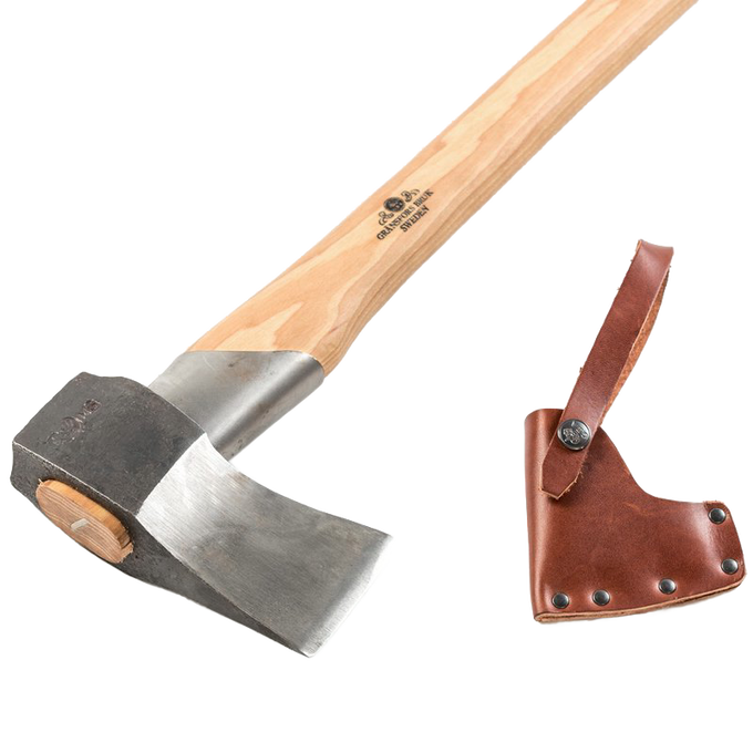 Hand-forged splitting axe with a smooth wooden handle and durable steel head, accompanied by a brown leather sheath, featured in Farm, Garden & Tool, Knives & Axes, Axes, Wood Cutting and Hauling, Best Sellers, and Promo Eligible collections.