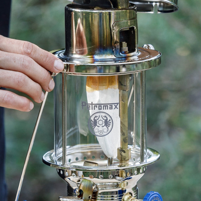 Close-up of a high-quality rounded replacement mantle installed inside a classic pressure lantern, featured in Lamps & Lighting, Parts and Accessories, Wicks and Mantles, Best Sellers, and Promo Eligible collections.