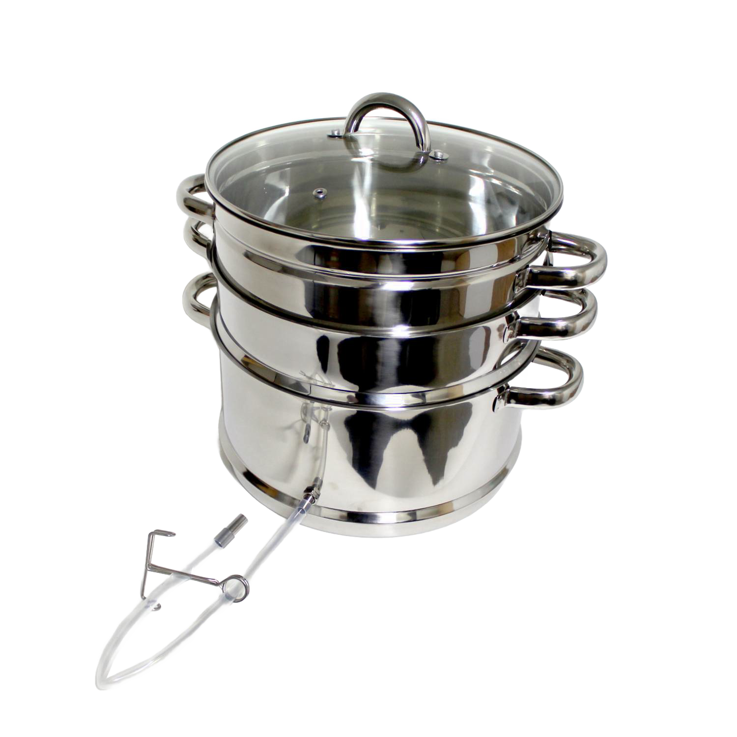 Three-tier stainless steel steam juicer with glass lid, leak-proof spout, and side handles designed for stovetop use, featured in Kitchen & Food, Juicers and Steamers, Best Sellers, and Promo Eligible collections.