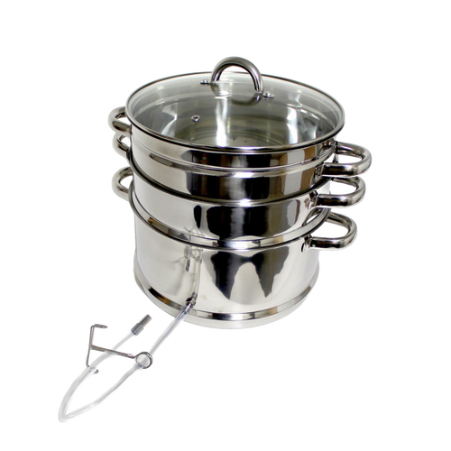 Three-tier stainless steel steam juicer with glass lid, leak-proof spout, and side handles designed for stovetop use, featured in Kitchen & Food, Juicers and Steamers, Best Sellers, and Promo Eligible collections.