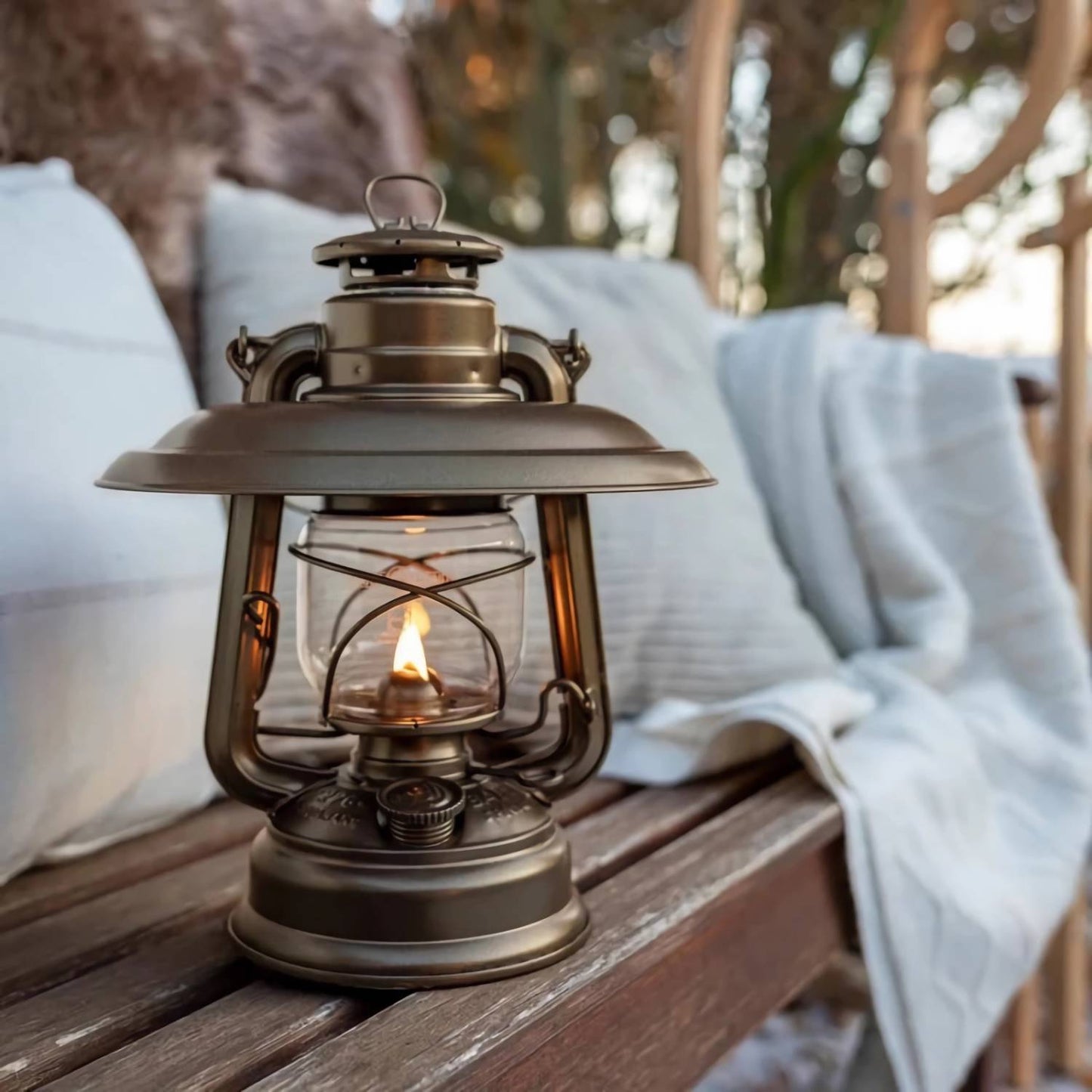 Handcrafted steel reflector shade in warm bronze tone, directing lantern light downward to reduce glare and protect glass, ideal for Lamps & Lighting, Emergency Supplies, Oil Lamps, Best Sellers, and Promo Eligible collections.