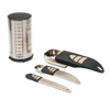 Set of adjustable stainless steel measuring tools including a 2-cup container and three scoops with black ergonomic handles, perfect for Kitchen & Food, Measuring, and Cooking helpers collections.