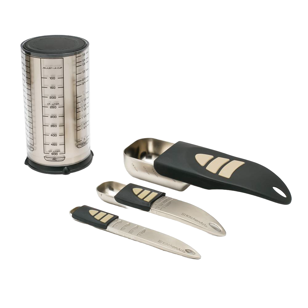 Set of adjustable stainless steel measuring tools including a 2-cup container and three scoops with black ergonomic handles, perfect for Kitchen & Food, Measuring, and Cooking helpers collections.