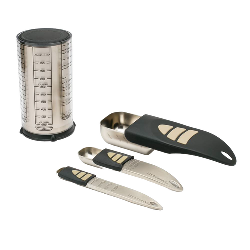Set of adjustable stainless steel measuring tools including a 2-cup container and three scoops with black ergonomic handles, perfect for Kitchen & Food, Measuring, and Cooking helpers collections.