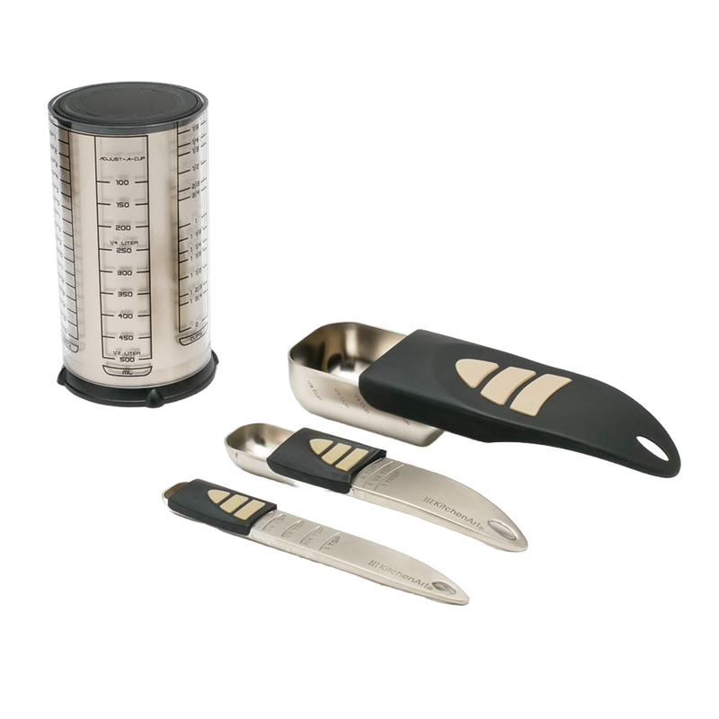 Set of adjustable stainless steel measuring tools including a 2-cup container and three scoops with black ergonomic handles, perfect for Kitchen & Food, Measuring, and Cooking helpers collections.