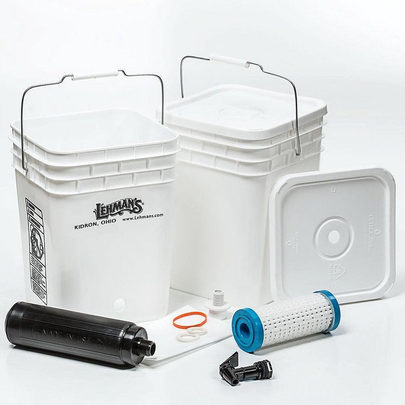 Two sturdy white buckets with metal handles and lids displayed alongside water filter components including a cartridge and fittings, designed for reliable water purification in farm, garden, appliances, and emergency use.